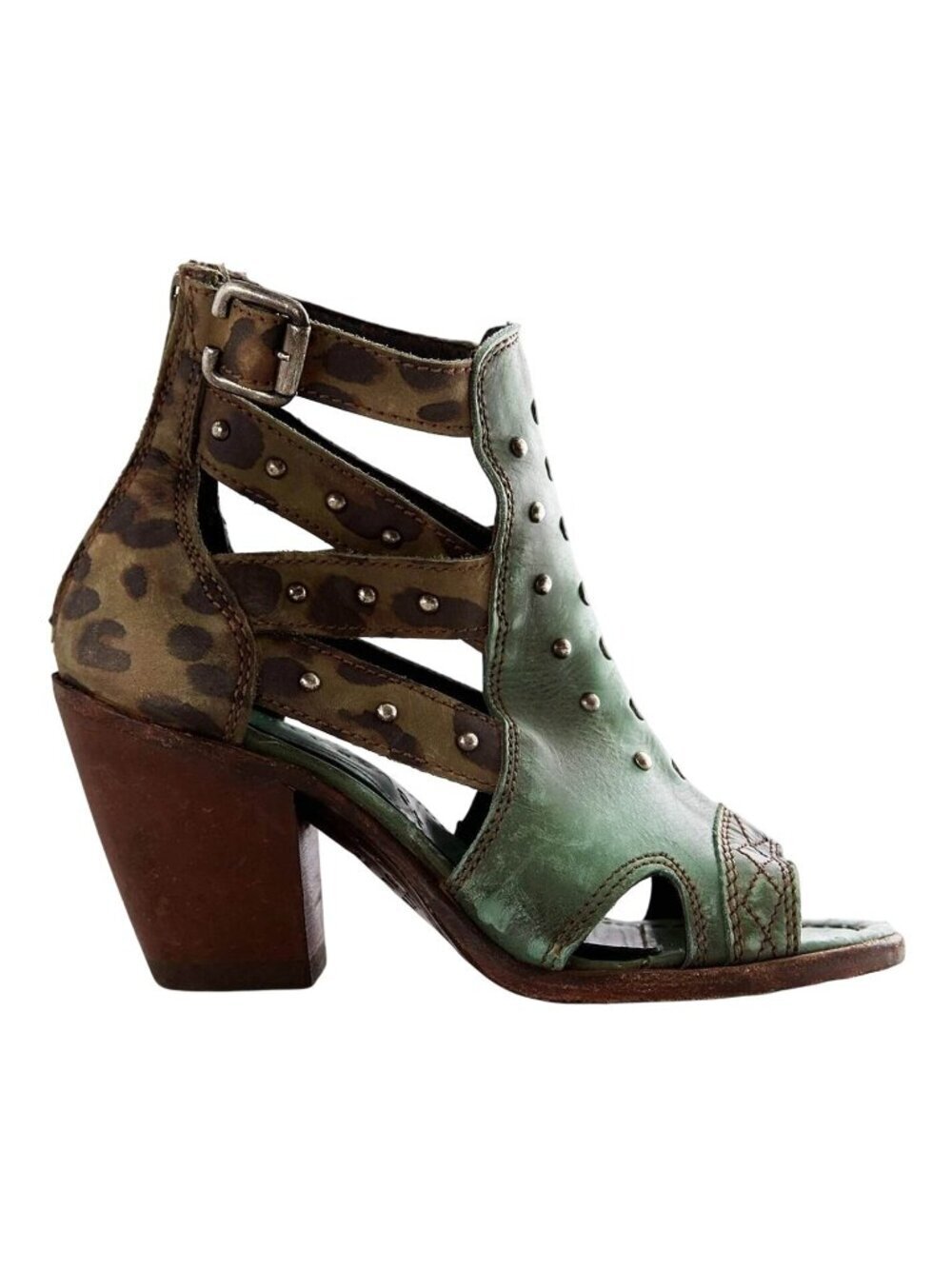 Liberty Black Buckle Swipe Leather Heeled Sandal Leopard Studded Women's Size 7